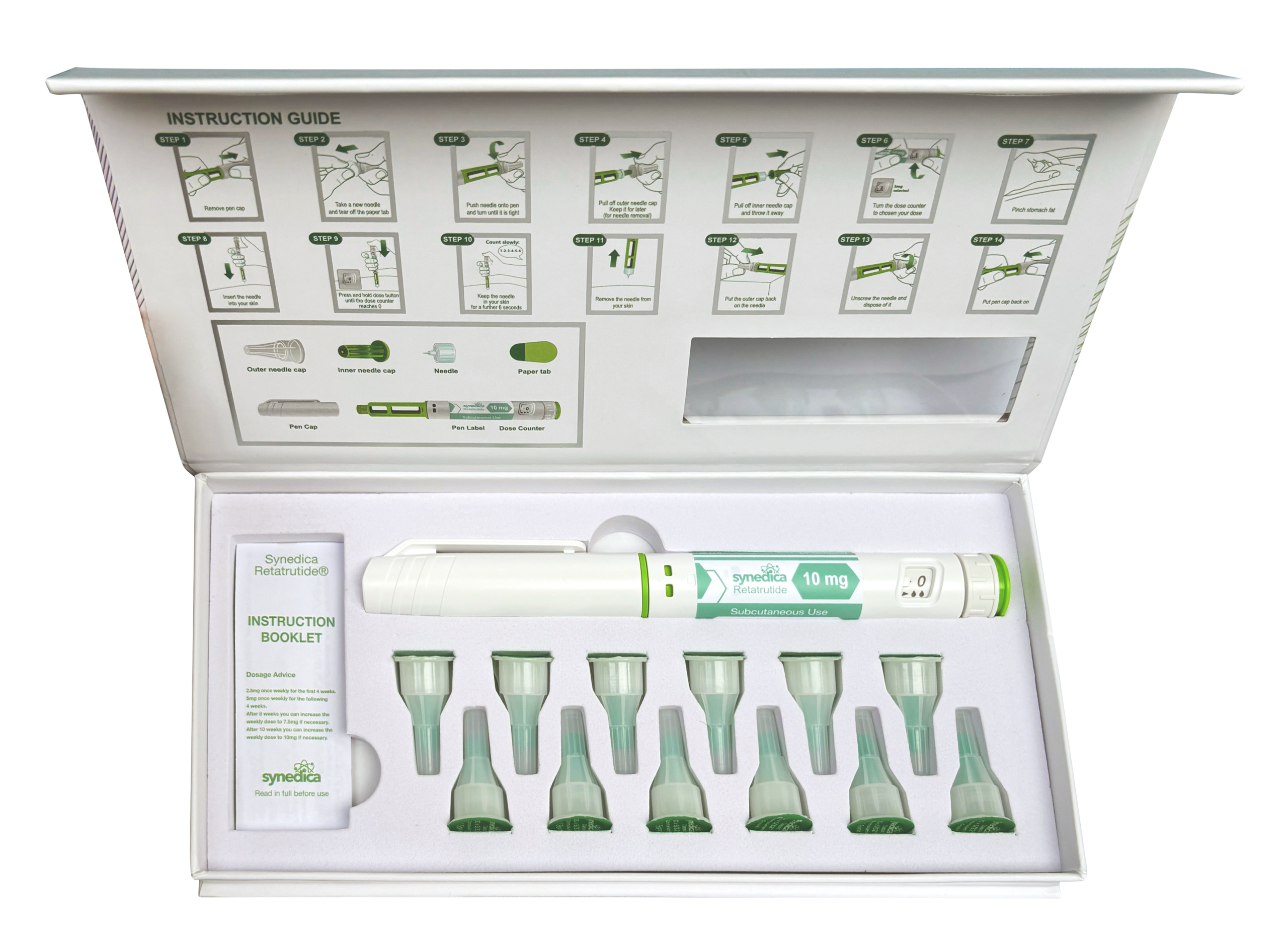 Synedica Retatrutide 40mg — открытый комплект с инструкцией и иглами для инъекций